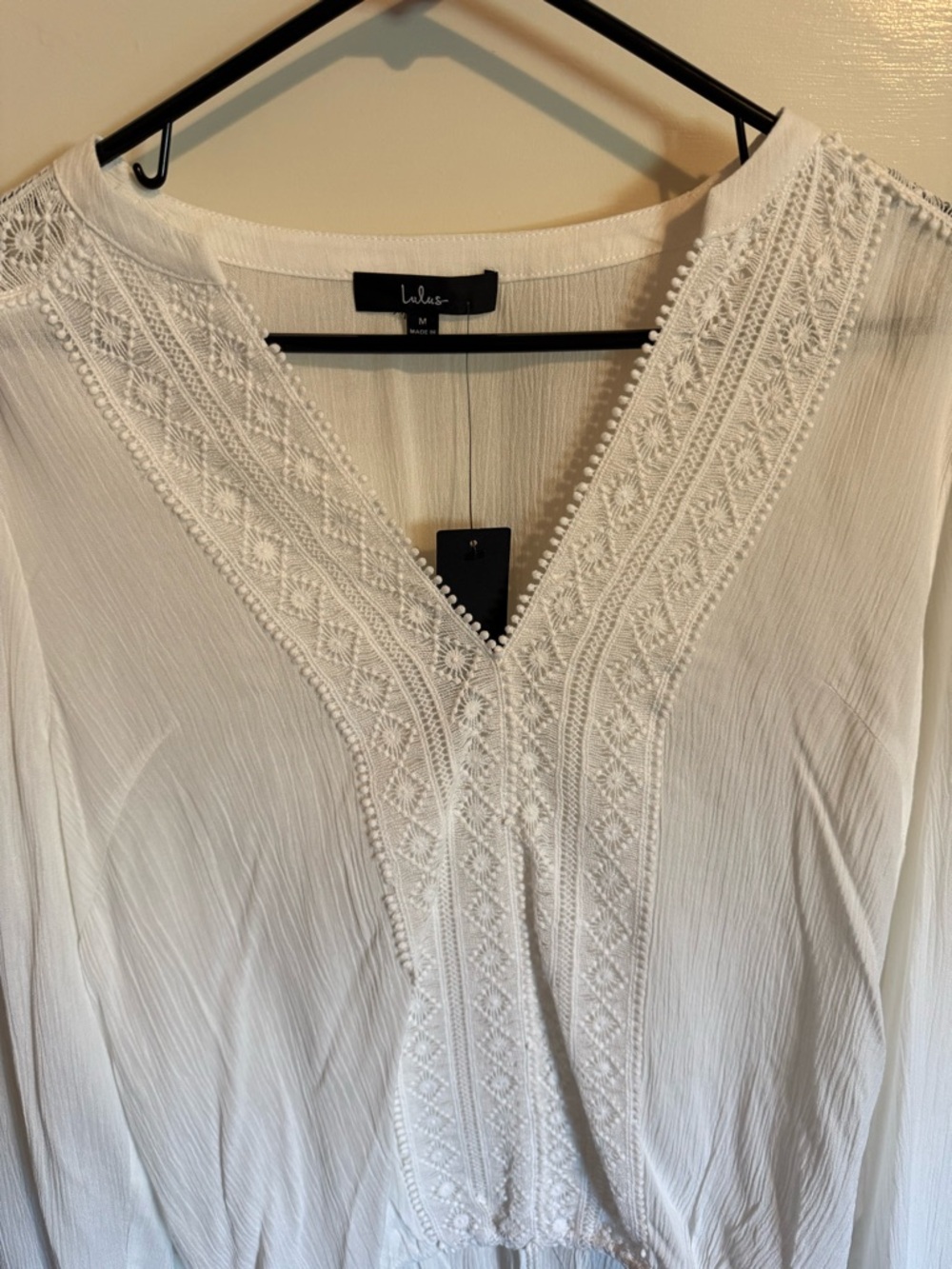 Lulu's White Embroidered V-Neck Lace Cuff Peasant Blouse - Picture 3 of 6